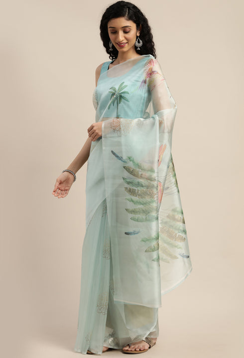 Light Aqua Green Organza Printed Traditional Saree