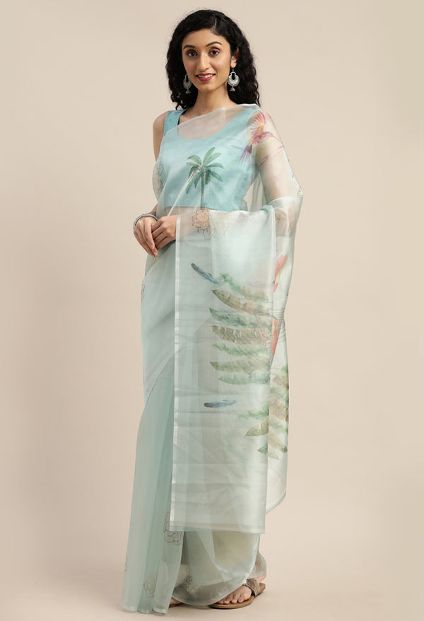 Light Aqua Green Organza Printed Traditional Saree