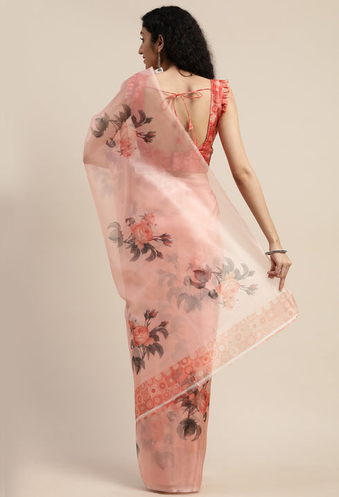 Peach Organza Printed Traditional Saree