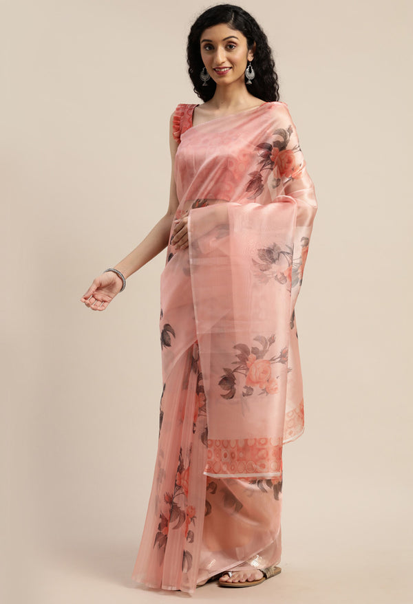 Peach Organza Printed Traditional Saree