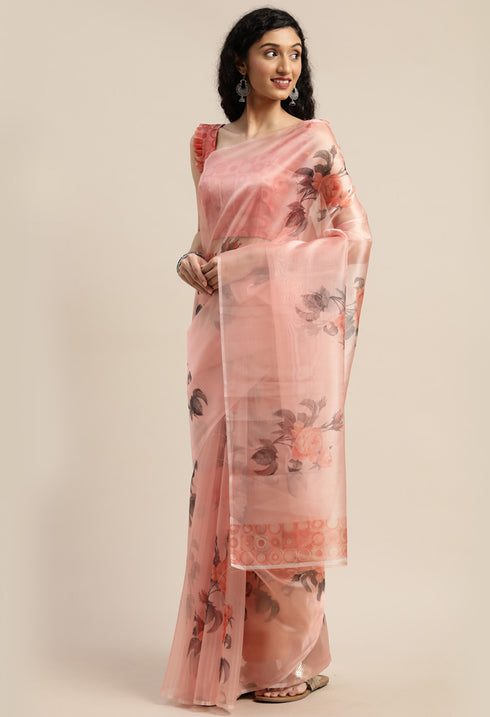 Peach Organza Printed Traditional Saree