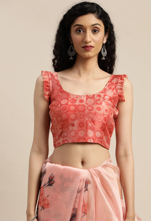 Peach Organza Printed Traditional Saree