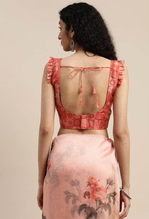 Peach Organza Printed Traditional Saree