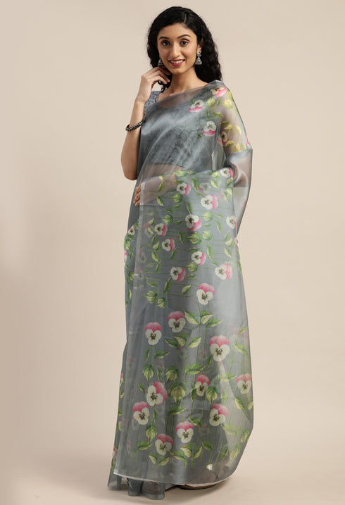 Grey Organza Printed Traditional Saree