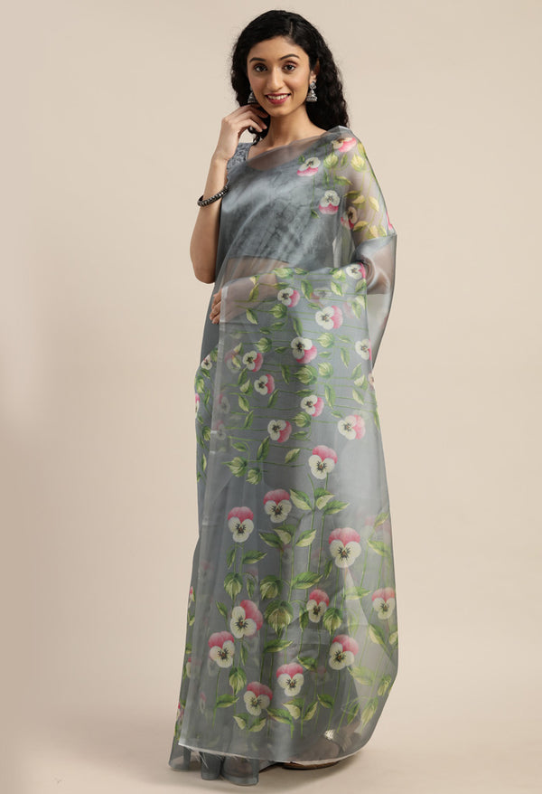 Grey Organza Printed Traditional Saree