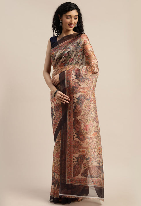 Beige Organza Printed Traditional Saree - Rajnandini
