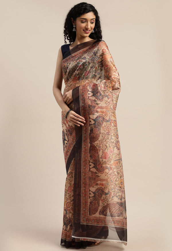 Beige Organza Printed Traditional Saree - Rajnandini