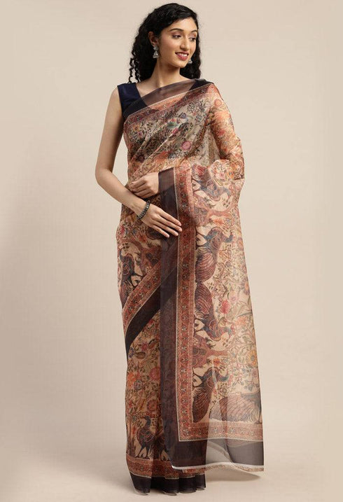 Beige Organza Printed Traditional Saree - Rajnandini