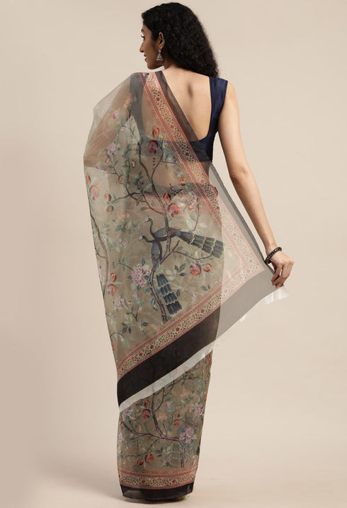 Sage Green Organza Printed Traditional Saree