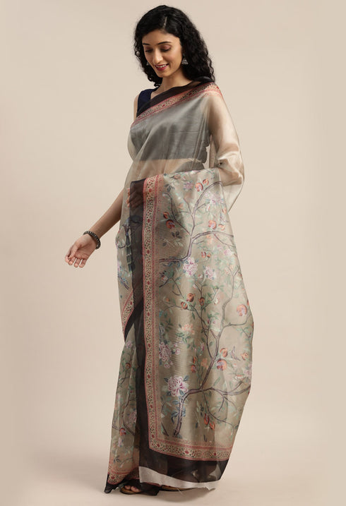 Sage Green Organza Printed Traditional Saree