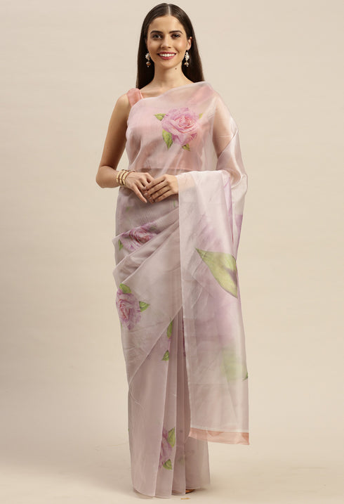 Off-White And Purple Organza Digital Floral Printed Traditional Saree