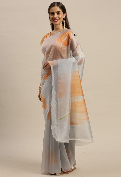 Grey And Yellow Organza Digital Floral Printed Traditional Saree
