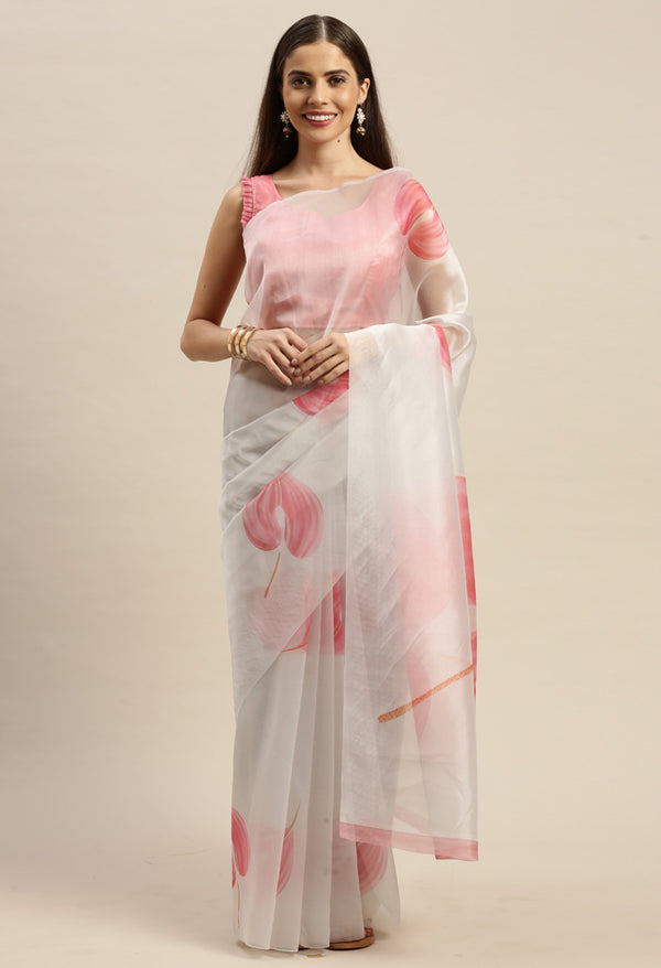 Off-White And Pink Organza Digital Floral Printed Traditional Saree