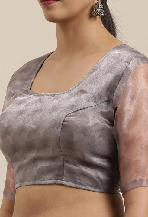 Grey And Pink Organza Digital Floral Printed Traditional Saree