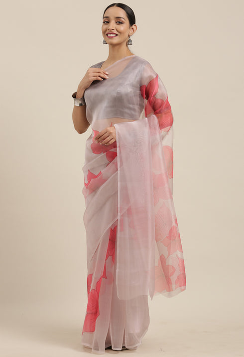 Grey And Pink Organza Digital Floral Printed Traditional Saree