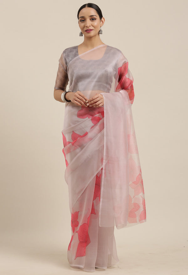 Grey And Pink Organza Digital Floral Printed Traditional Saree