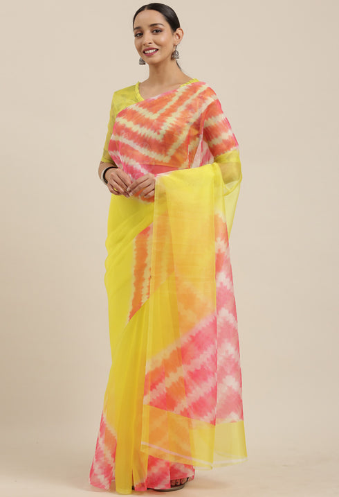 Yellow And Pink Organza Digital Floral Printed Traditional Saree