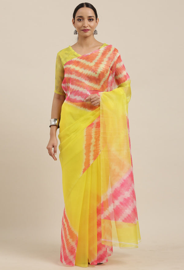 Yellow And Pink Organza Digital Floral Printed Traditional Saree