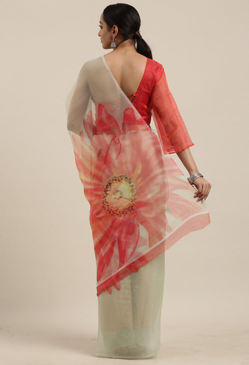 Pista Green Organza Digital Floral Printed Traditional Saree