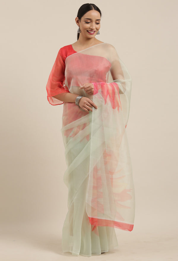 Pista Green Organza Digital Floral Printed Traditional Saree