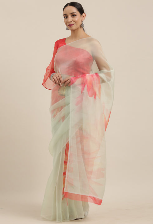 Pista Green Organza Digital Floral Printed Traditional Saree