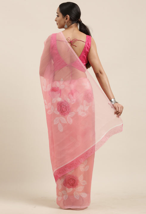 Light Pink Organza Digital Floral Printed Traditional Saree