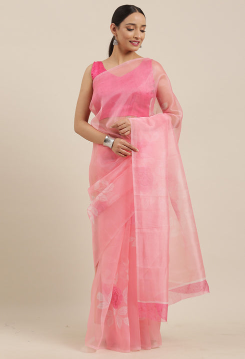 Light Pink Organza Digital Floral Printed Traditional Saree
