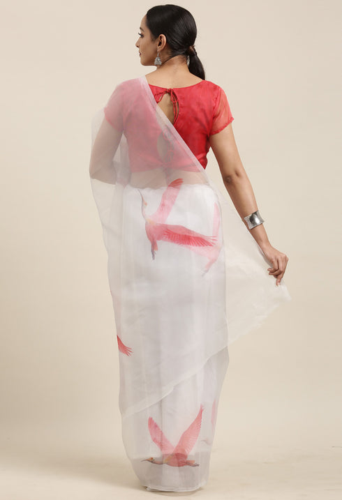 Light Grey And Pink Organza Digital Floral Printed Traditional Saree