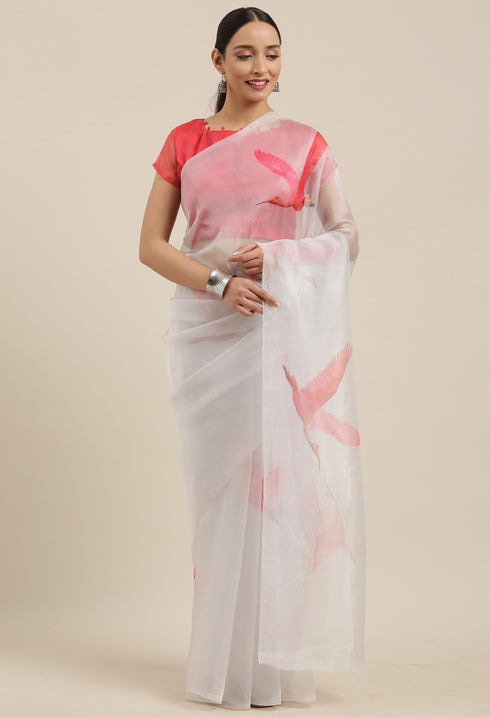 Light Grey And Pink Organza Digital Floral Printed Traditional Saree