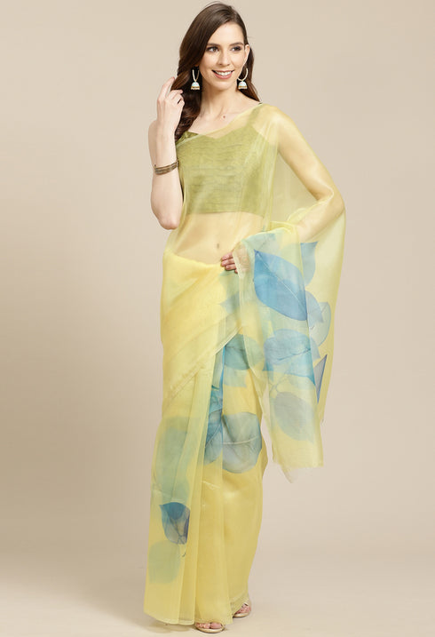 Yellow Organza Digital Floral Printed Traditional Saree