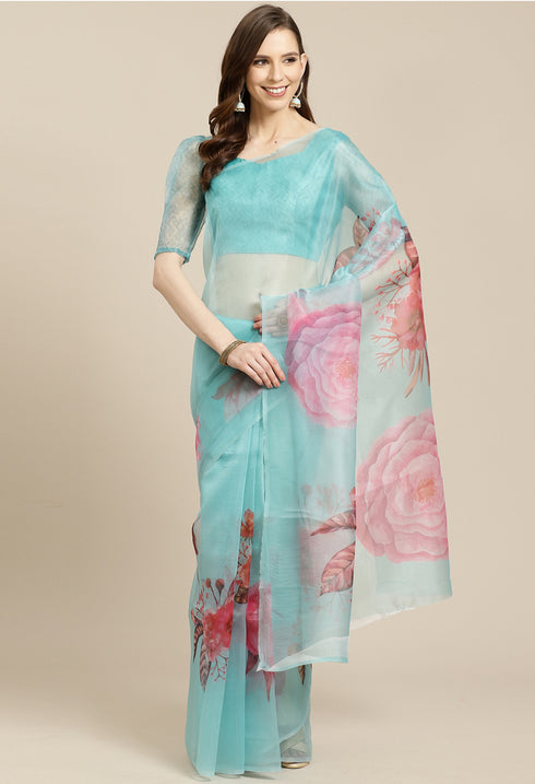 Turquoise Organza Digital Floral Printed Traditional Saree