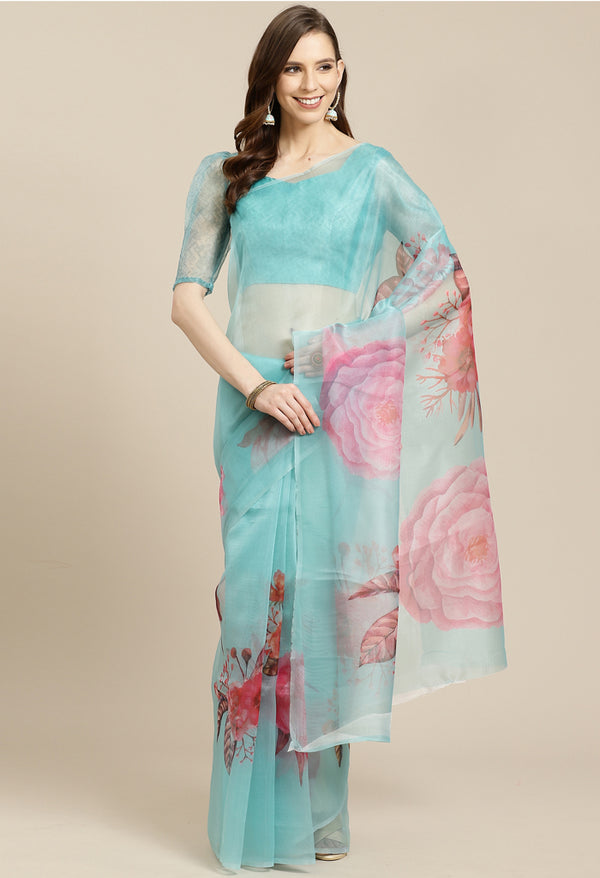 Turquoise Organza Digital Floral Printed Traditional Saree