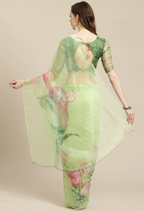 Green Organza Digital Floral Printed Traditional Saree