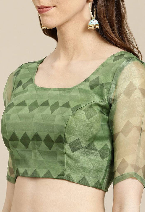 Green Organza Digital Floral Printed Traditional Saree