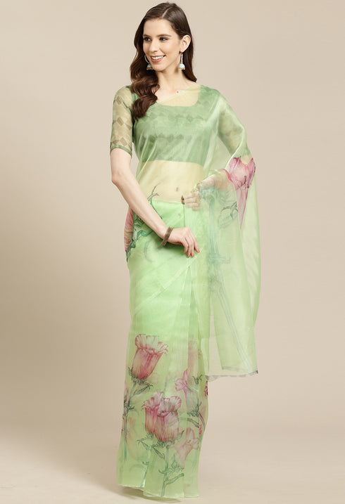 Green Organza Digital Floral Printed Traditional Saree