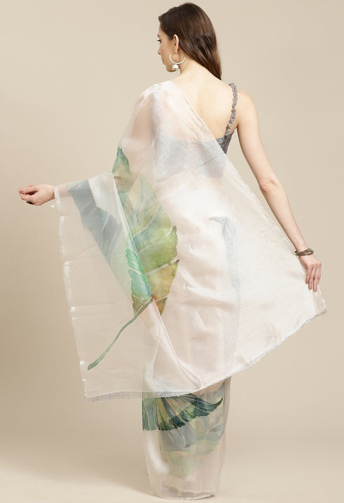 Beige Organza Digital Floral Printed Traditional Saree