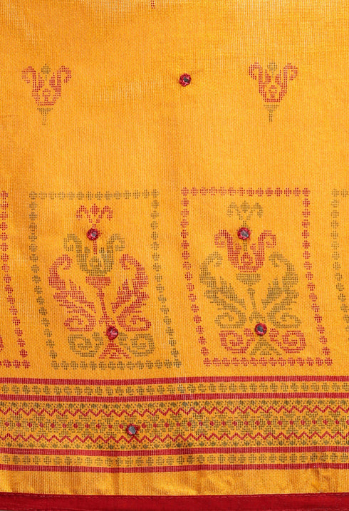 Yellow & Red Jute Silk Embellished Embellished Traditional Saree