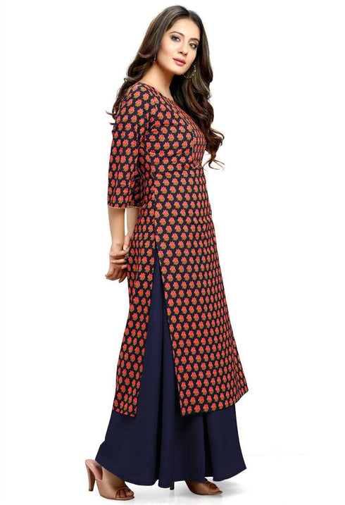 Black And Beige Pure Cotton Jaipuri Printed Kurti