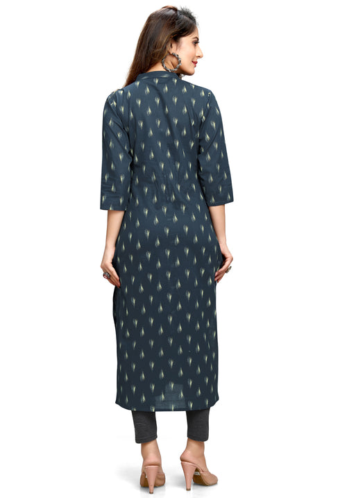 Navy Blue Pure Cambric Cotton Jaipuri Printed Kurti