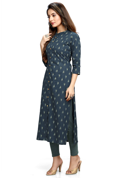Navy Blue Pure Cambric Cotton Jaipuri Printed Kurti