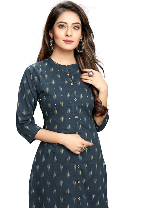 Navy Blue Pure Cambric Cotton Jaipuri Printed Kurti