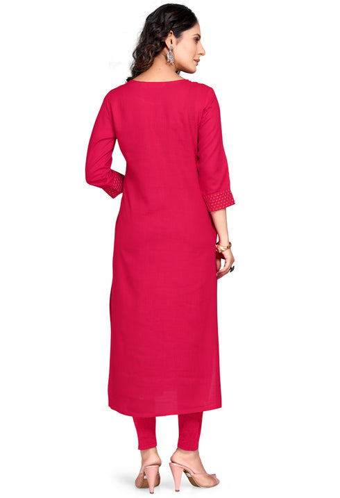 Coral Red Rayon Slub Embroidered Kurti