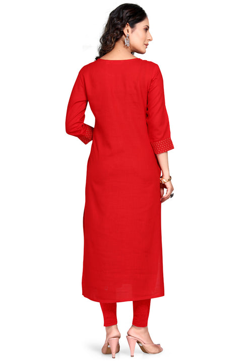 Red Rayon Slub Embroidered Kurti
