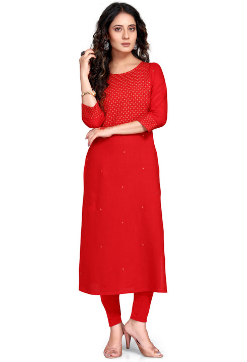 Red Rayon Slub Embroidered Kurti