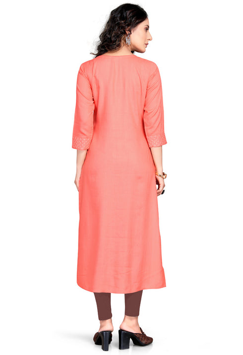 Peach Rayon Slub Embroidered Kurti
