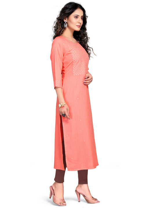 Peach Rayon Slub Embroidered Kurti