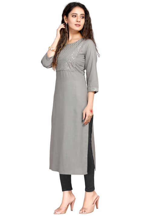 Grey Rayon Slub Embroidered Kurti