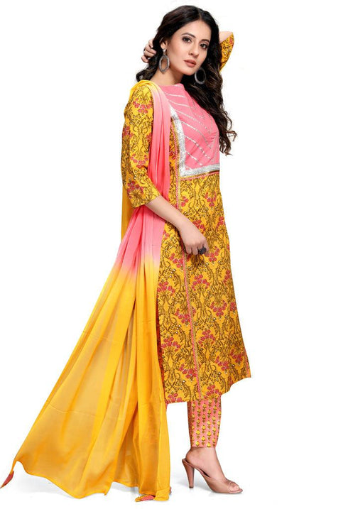 Yellow And Pink Pure Cambric Cotton Jaipuri Printed Kurta Set With Dupatta