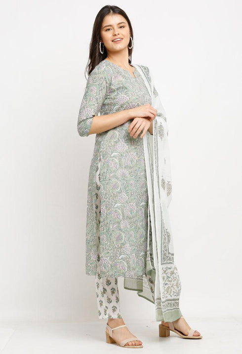 Light Green Pure Cambric Cotton Floral Printed Kurta Set With Dupatta