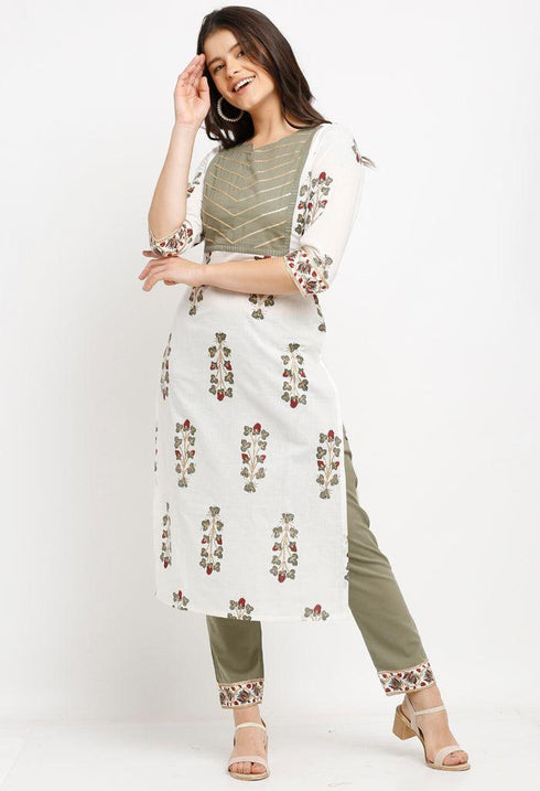 White And Green Pure Cambric Cotton Floral Printed Kurta Set With Dupatta